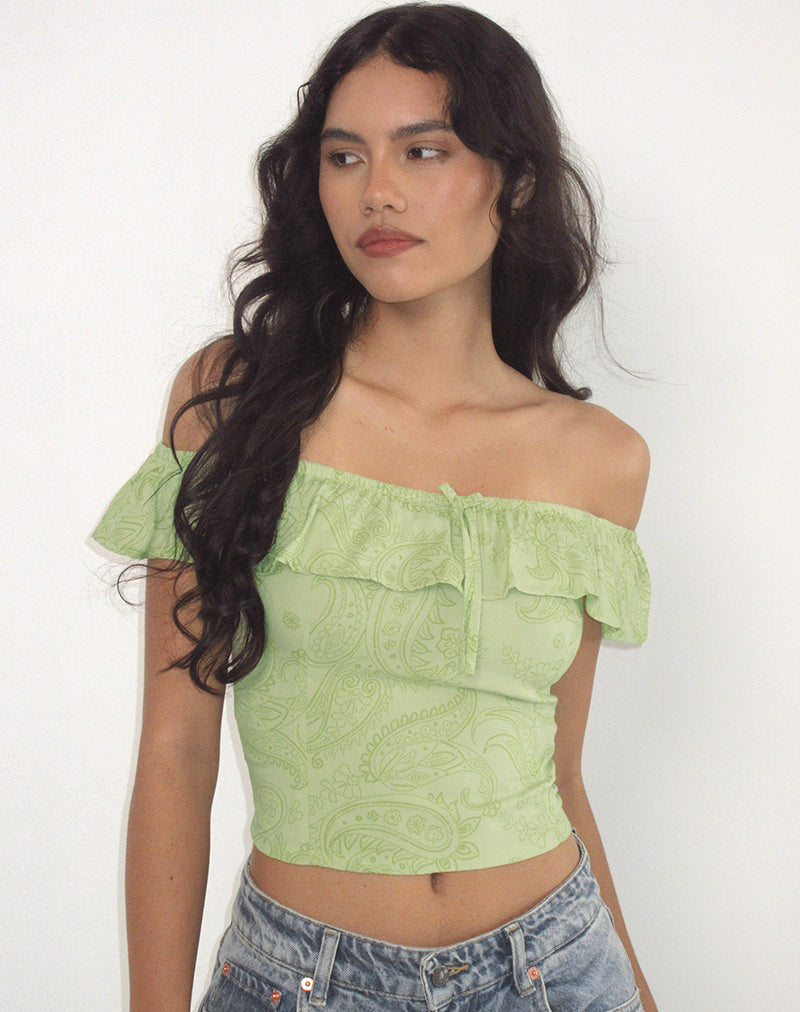 Afbeelding van Yokai Bardot Top in Retro Paisley Lime