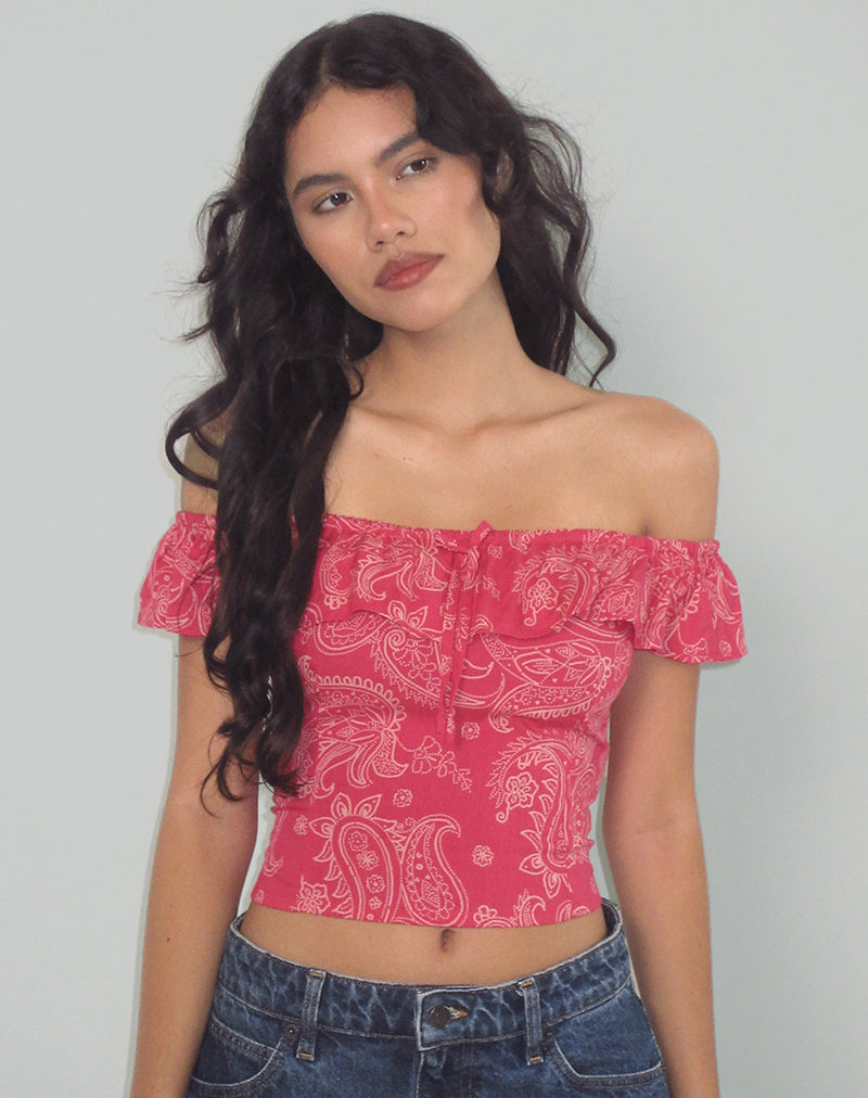Afbeelding van Yokai Bardot Top in Retro Paisley Roze