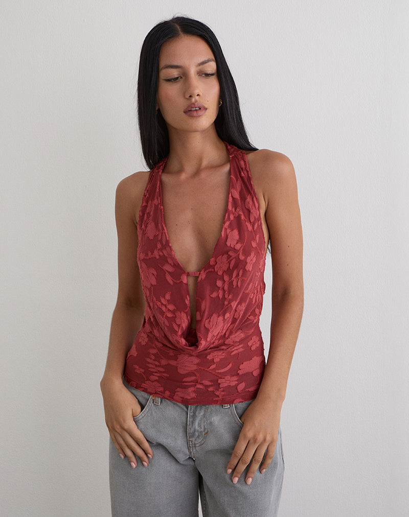 Yukari Plunge Top in Burnout Mesh Rood