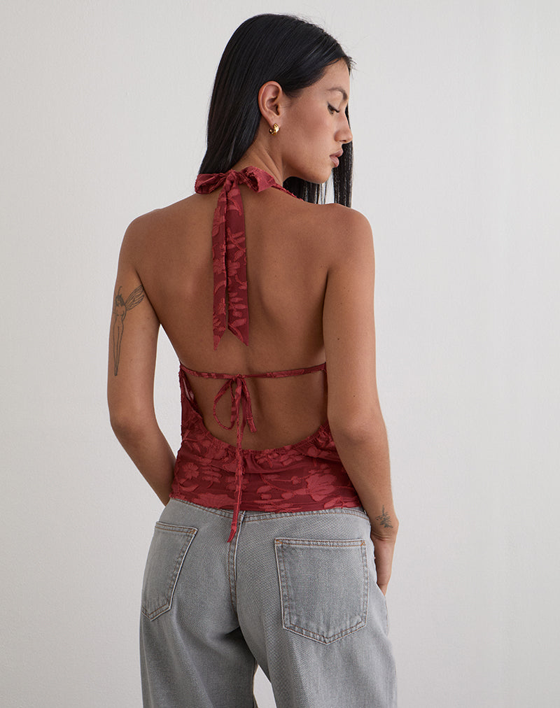 Afbeelding van Yukari Plunge Top in Burnout Mesh Rood