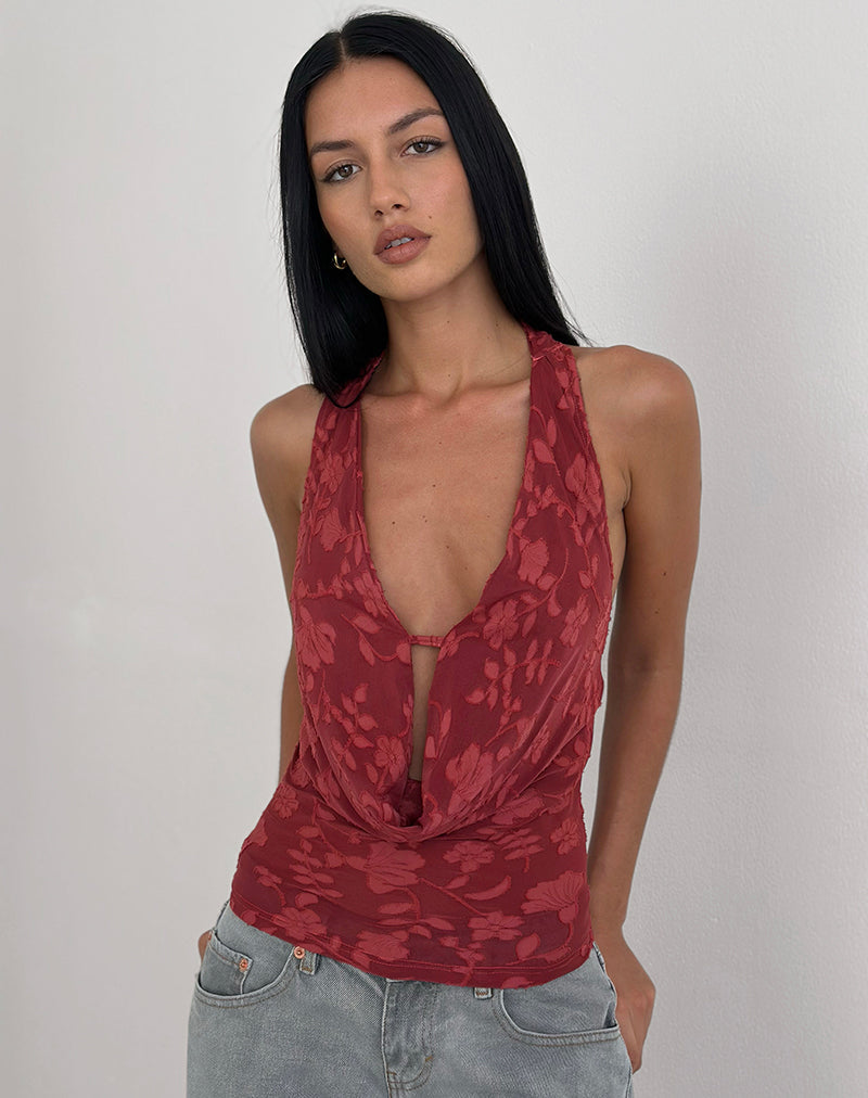Afbeelding van Yukari Plunge Top in Burnout Mesh Rood