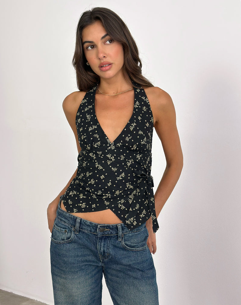 Afbeelding van Yung Halterneck Wrap Top in Floral Land Zwart