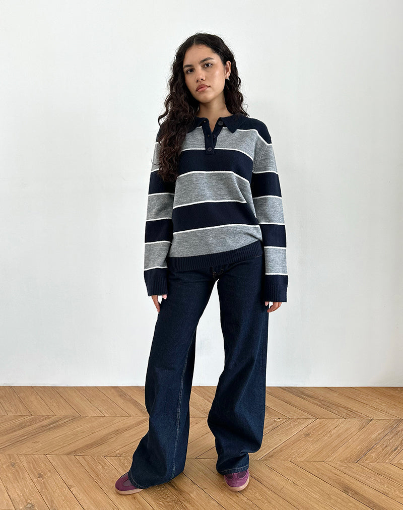 Afbeelding van Yusnada Oversized Rugby Trui in Navy en Grijze Streep