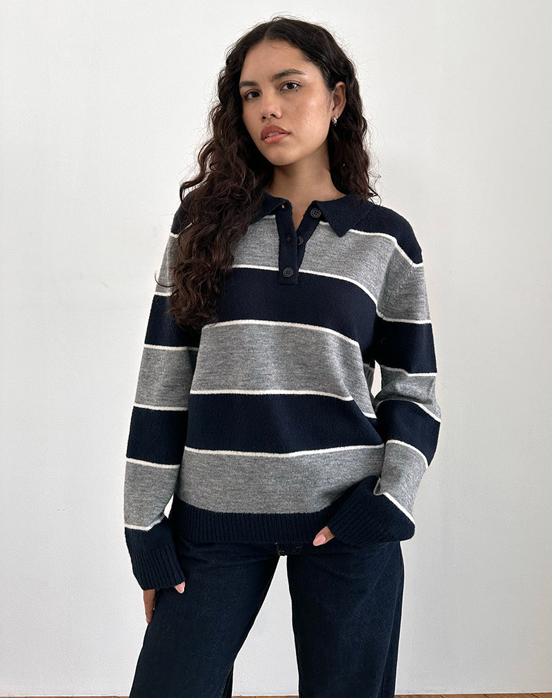 Yusnada Oversized Rugby Trui in Navy en Grijze Streep