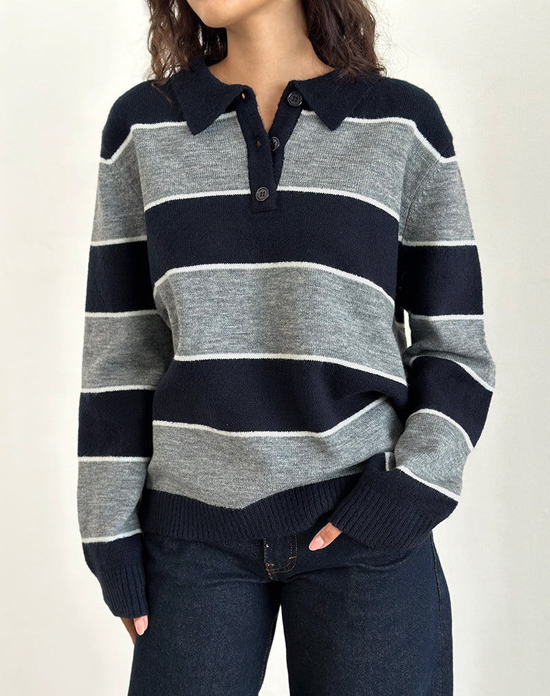 Afbeelding van Yusnada Oversized Rugby Trui in Navy en Grijze Streep
