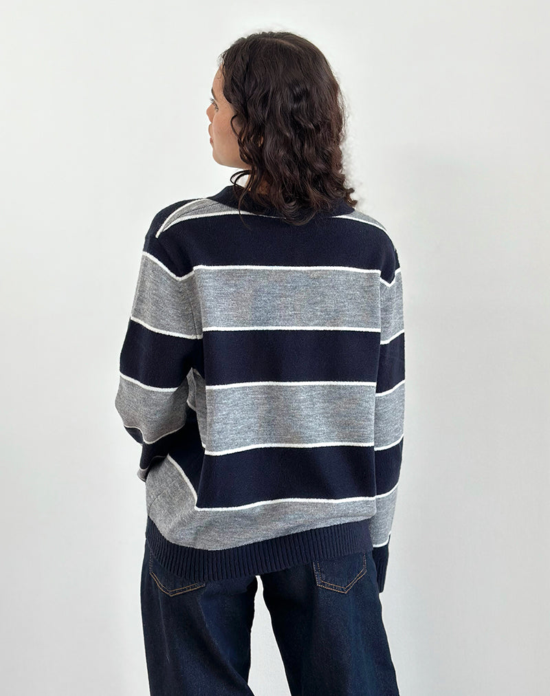 Afbeelding van Yusnada Oversized Rugby Trui in Navy en Grijze Streep