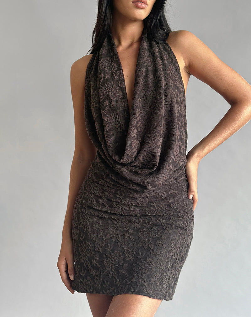 Afbeelding van Zari Cowl Neck Mini Dress in Jacquard Knit Bruin