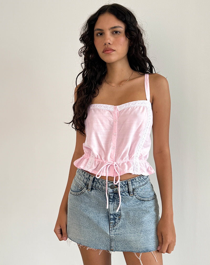 Zaria top met striksluiting in lichtroze met witte bies