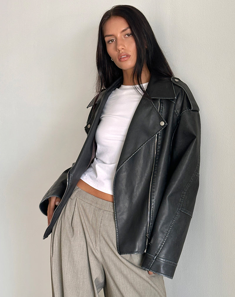 Afbeelding van Zebbie Distressed PU Biker Jacket in Zwart