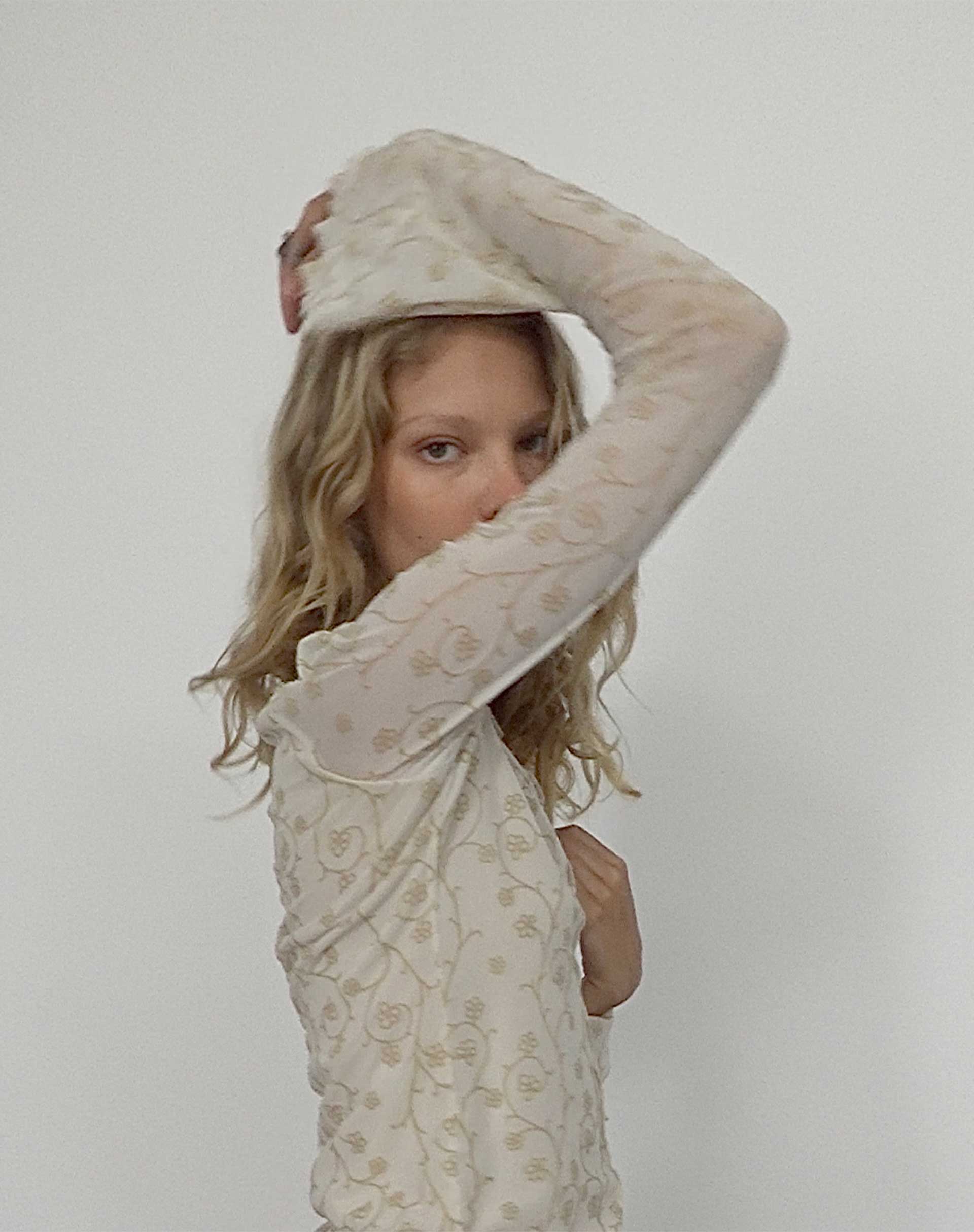Afbeelding van Zest Mesh Long Sleeve Top in Beige met Licht Tan Flock
