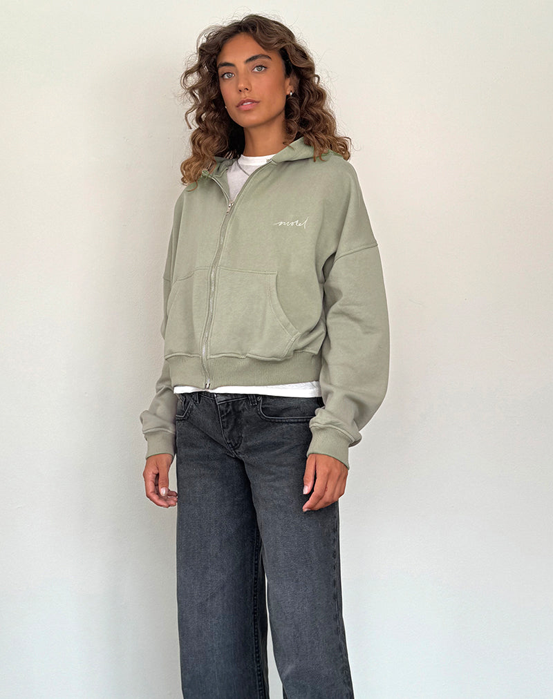 Zip Up Trui in London Fog met 'MOTEL' Ivory borduursel