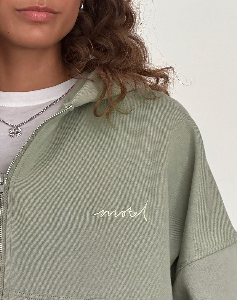 Afbeelding van Zip Up Trui in London Fog met 'MOTEL' Ivory borduursel