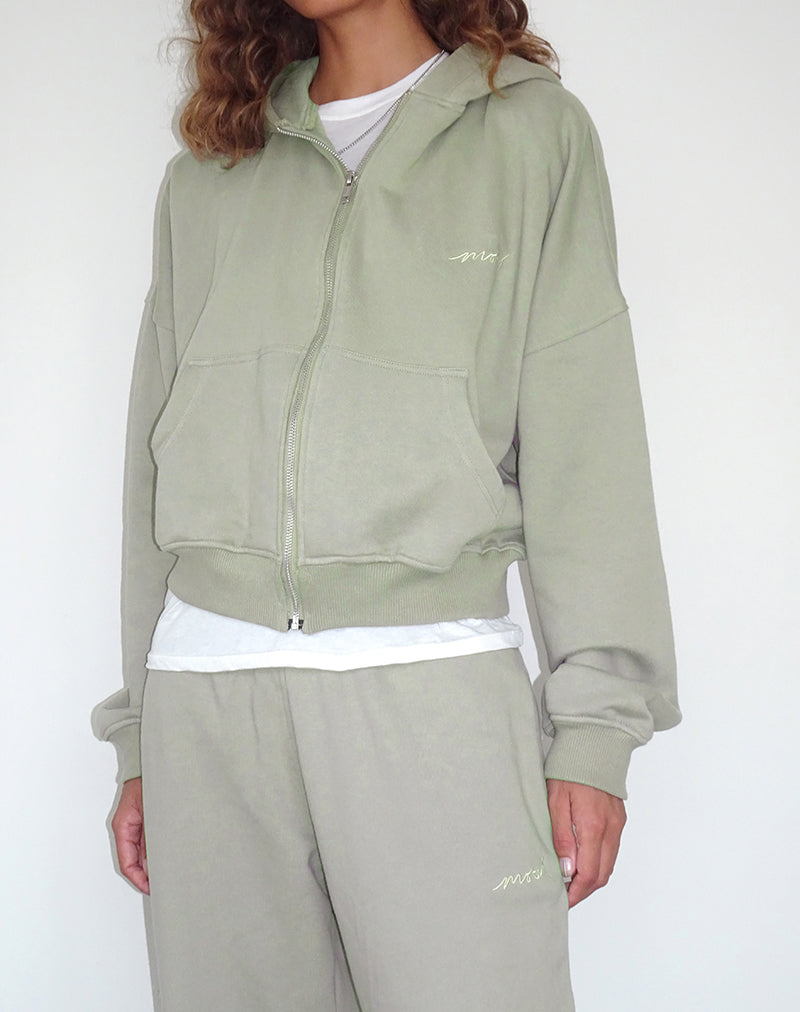 Afbeelding van Zip Up Trui in London Fog met 'MOTEL' Ivory borduursel