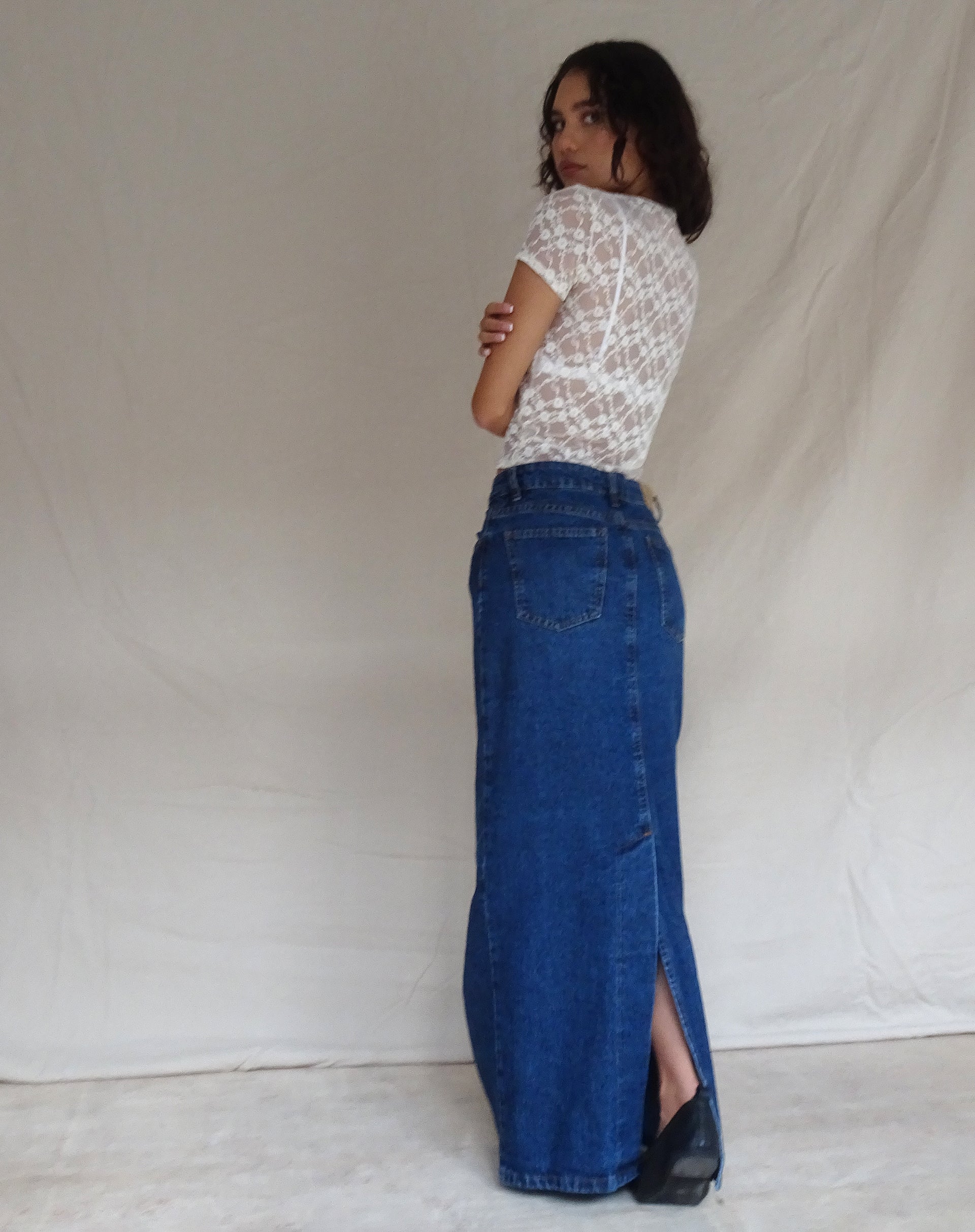 Afbeelding van Low Rise Denim Maxi Skirt in Mid Blue Used