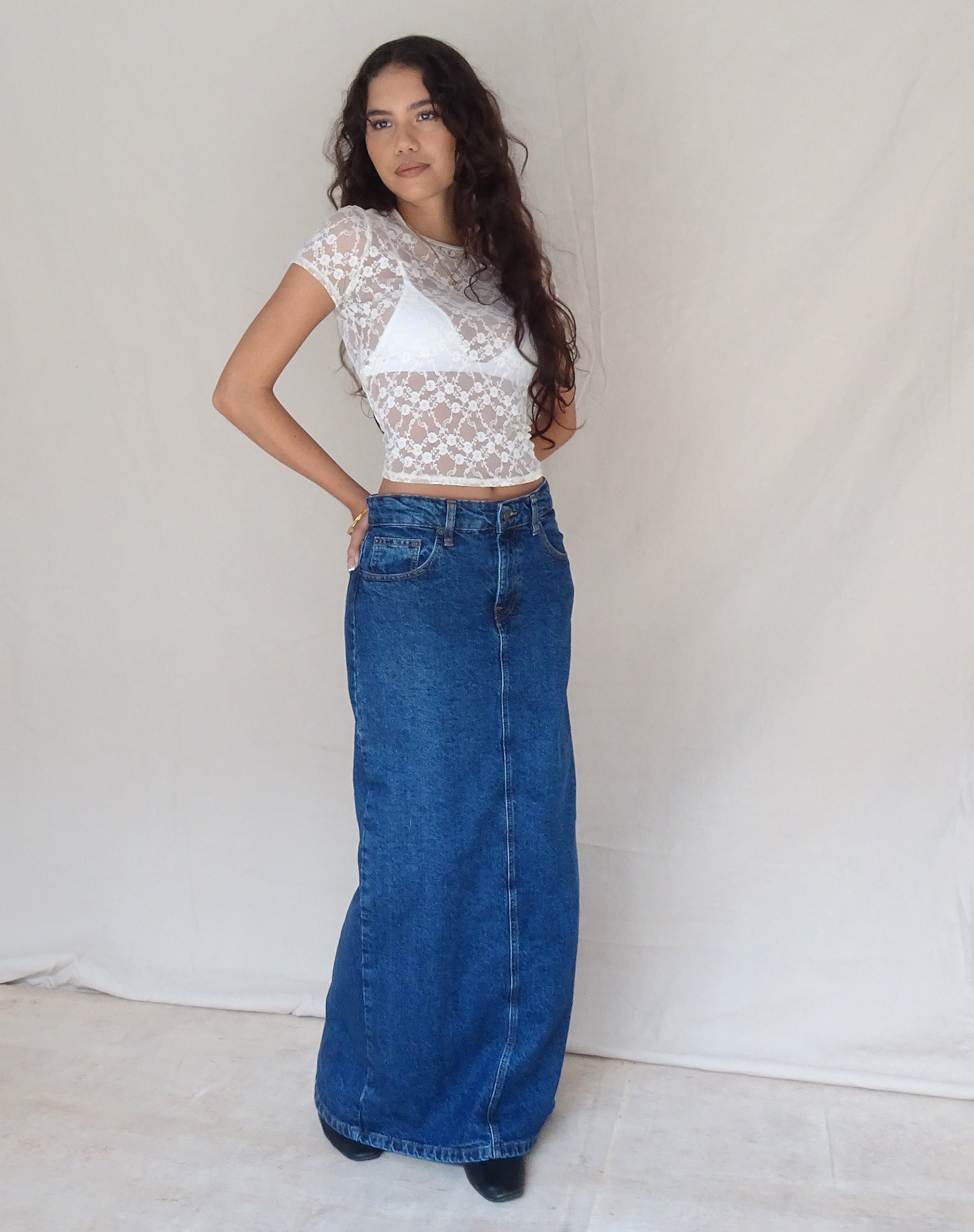 Afbeelding van Low Rise Denim Maxi Skirt in Mid Blue Used