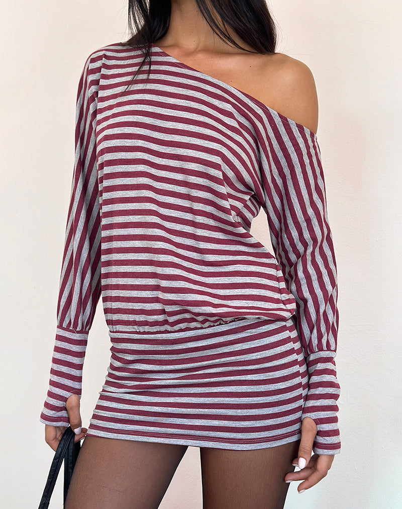 Afbeelding van Zylina Mini Dress in Bourgondië en Grijs Klassiek Streepje