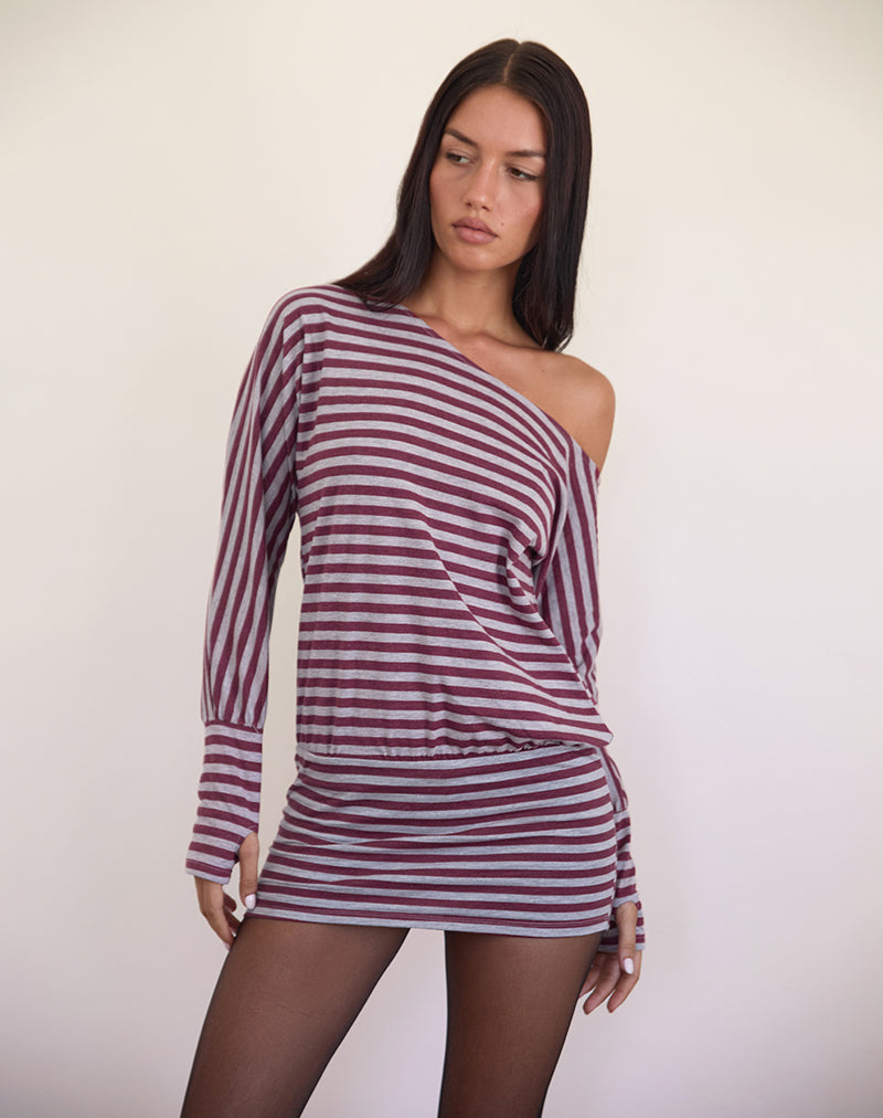 Afbeelding van Zylina Mini Dress in Bourgondië en Grijs Klassiek Streepje
