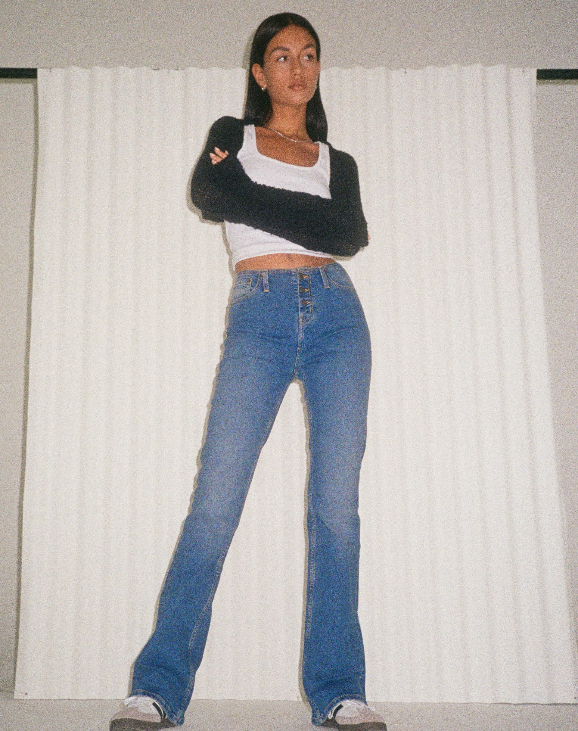 Afbeelding van Low Rise Exposed Button Jeans in Vintage Blue Wash