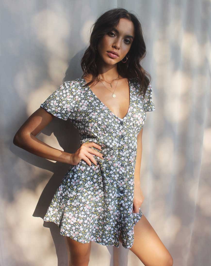 Sahara theejurk in Floral Field Olive