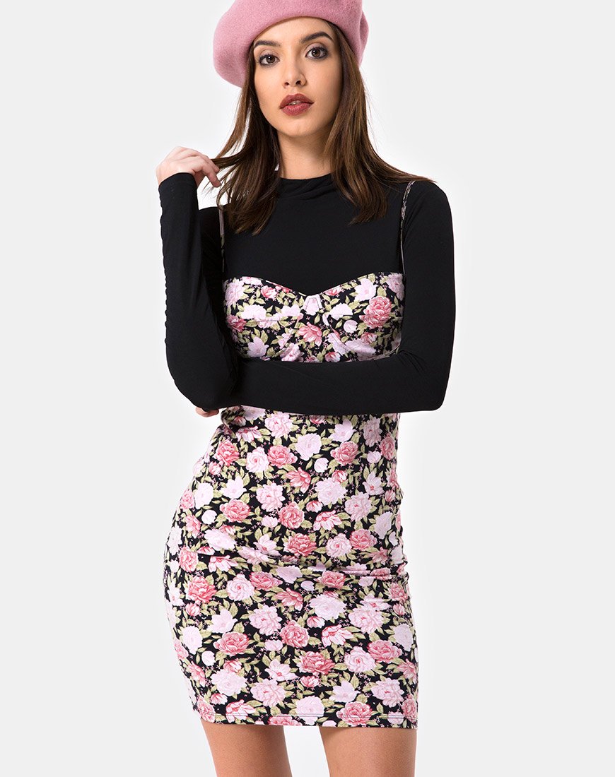 Alvina Bodycon Dress in Bloom Floral Zwart Basis