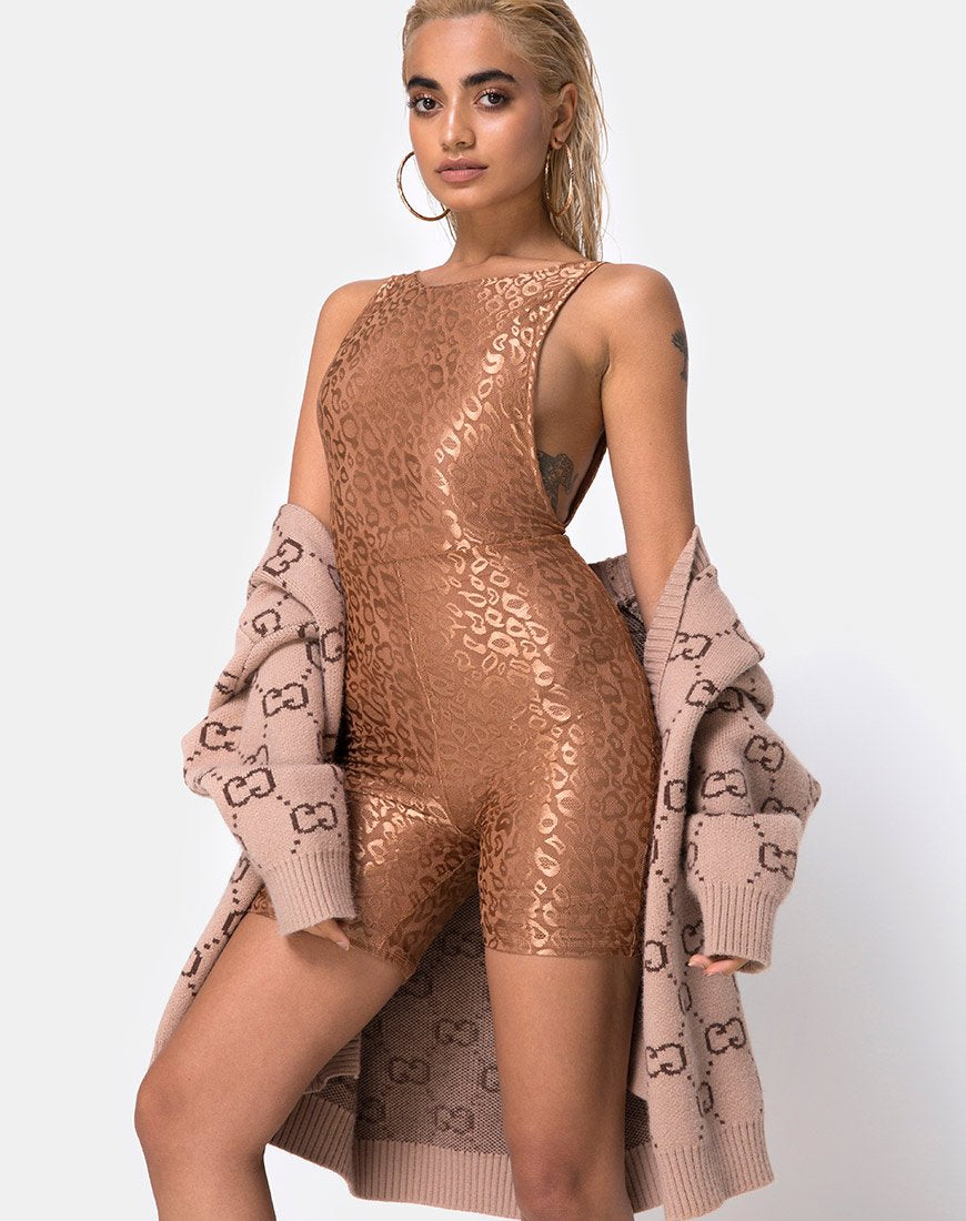 Acro Unitard in Luipaardglans Net Caramel