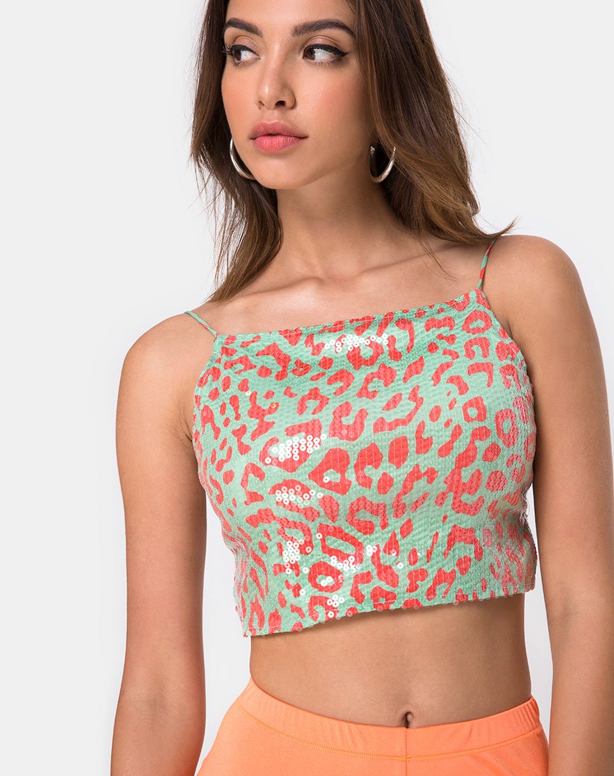 Ahena Crop Top in Fluro Leopard met helder lovertje