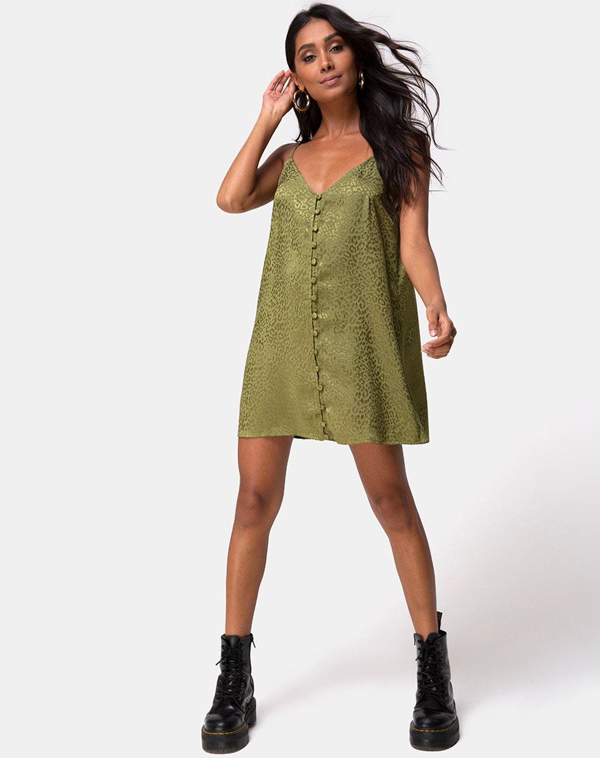Afbeelding van Akina Jurk in Satijn Cheetah Khaki