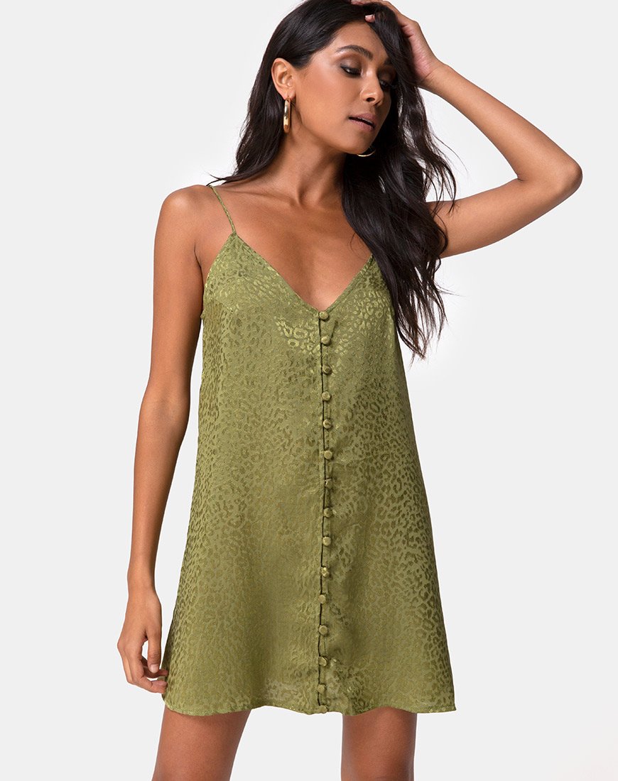 Akina Jurk in Satijn Cheetah Khaki