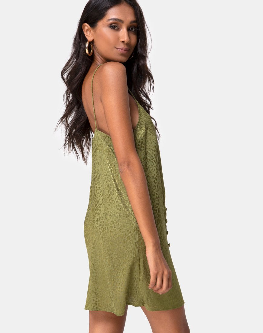 Akina Jurk in Satijn Cheetah Khaki