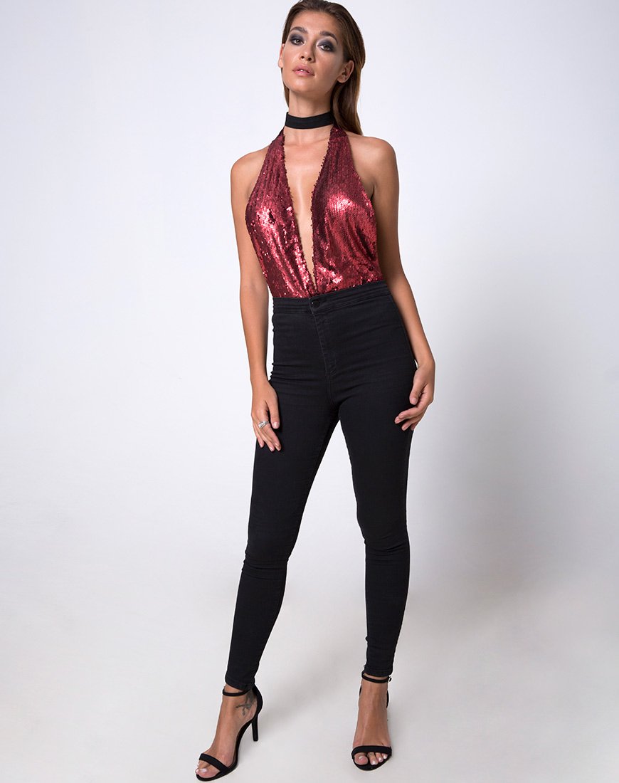 Afbeelding van Ally Plunge Bodice in Fishcale Matte Pailletten Wijn