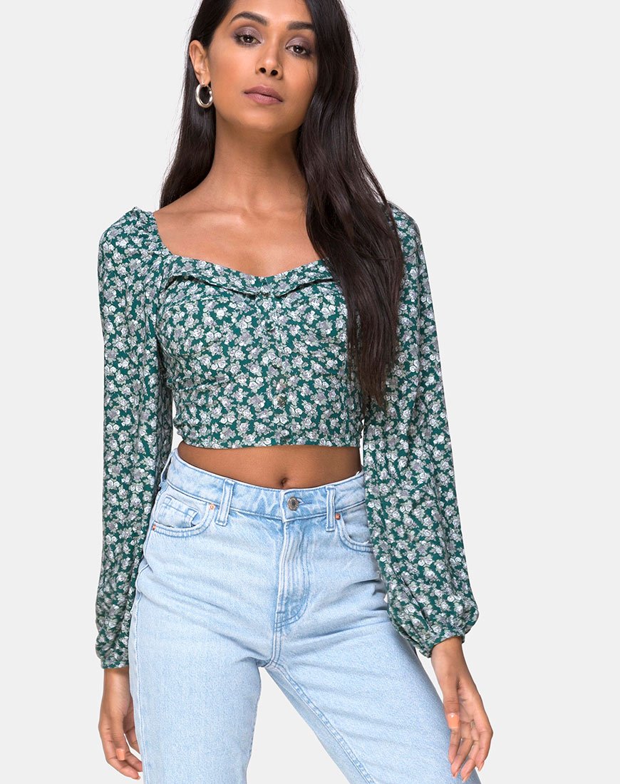 Afbeelding van Alor Crop Top in Bloemetjesgroen