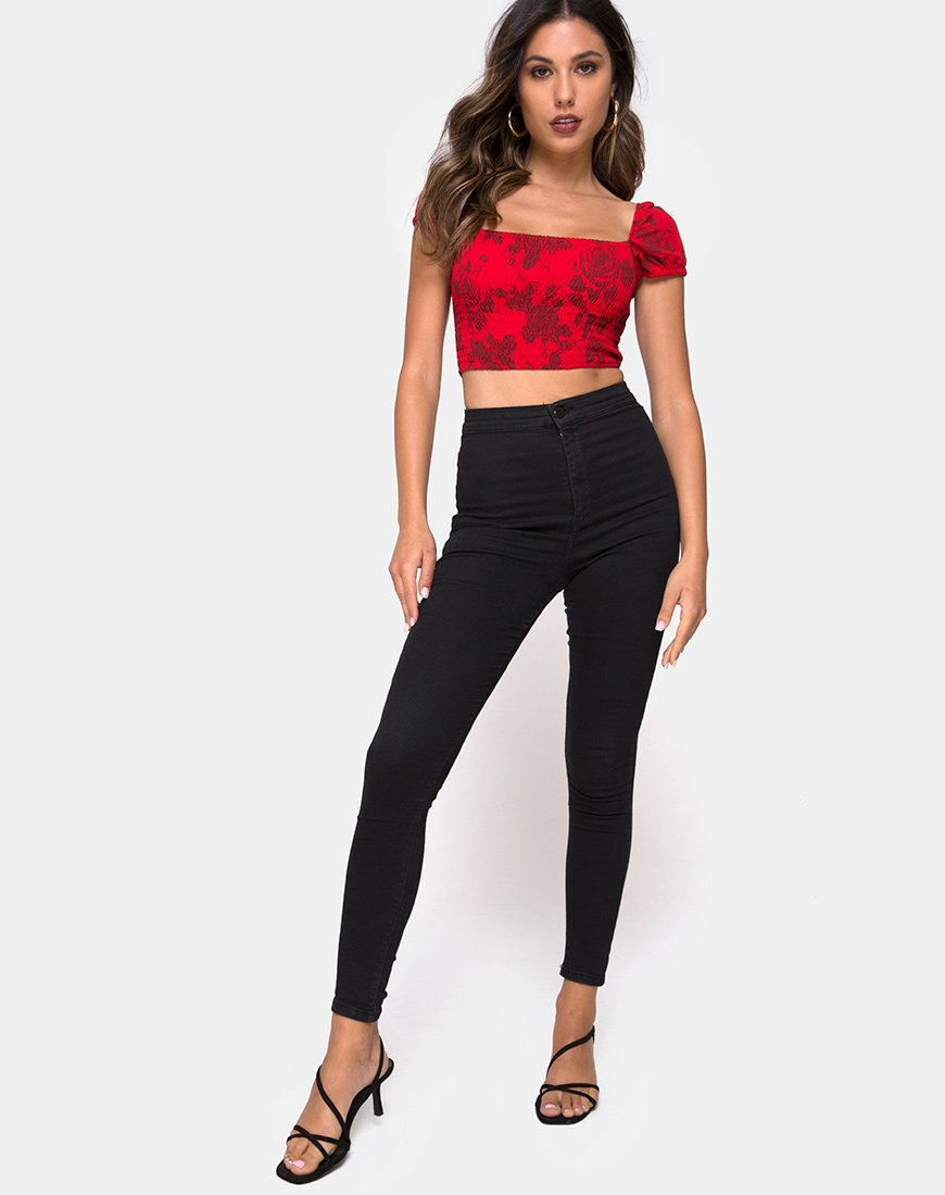 Afbeelding van Alya Crop Top in ton-sur-ton gebloemd rood
