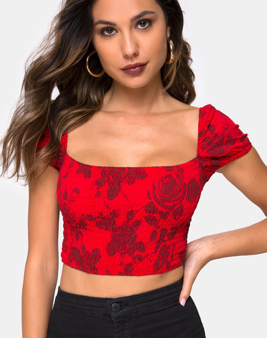 Alya Crop Top in ton-sur-ton gebloemd rood