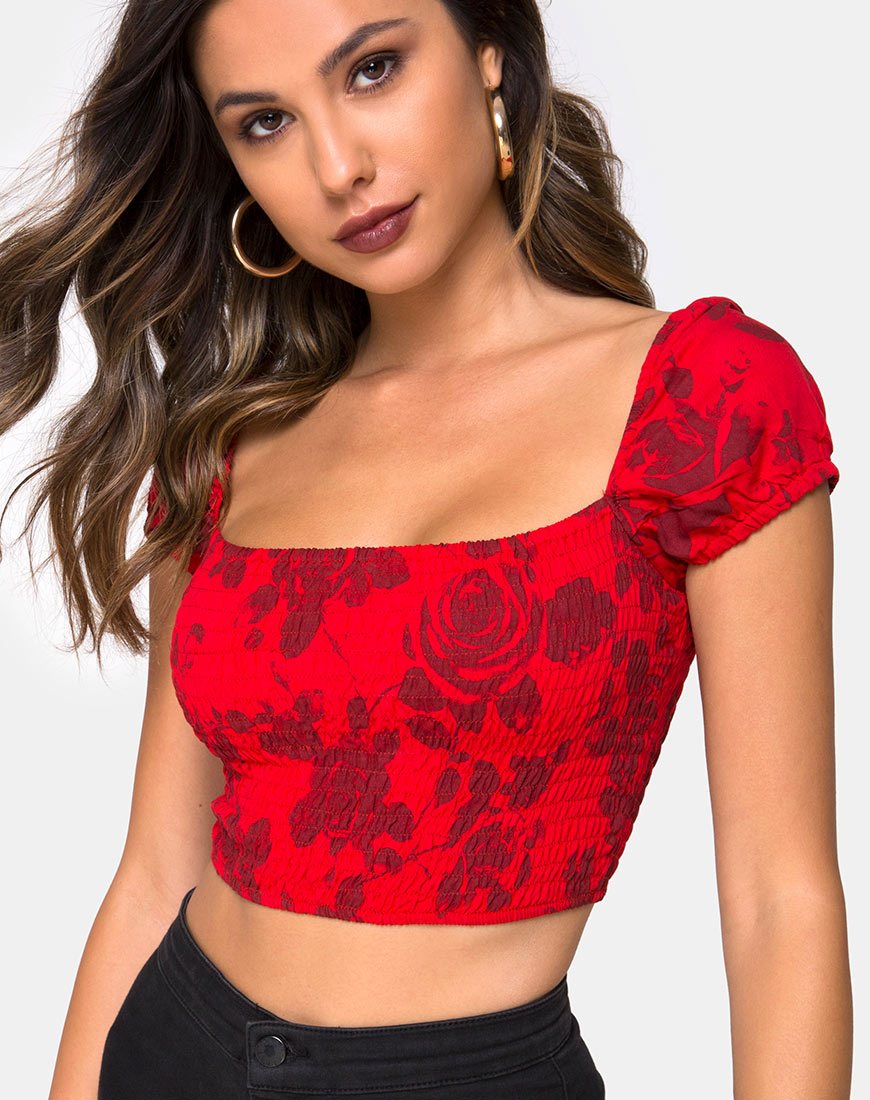 Alya Crop Top in ton-sur-ton gebloemd rood