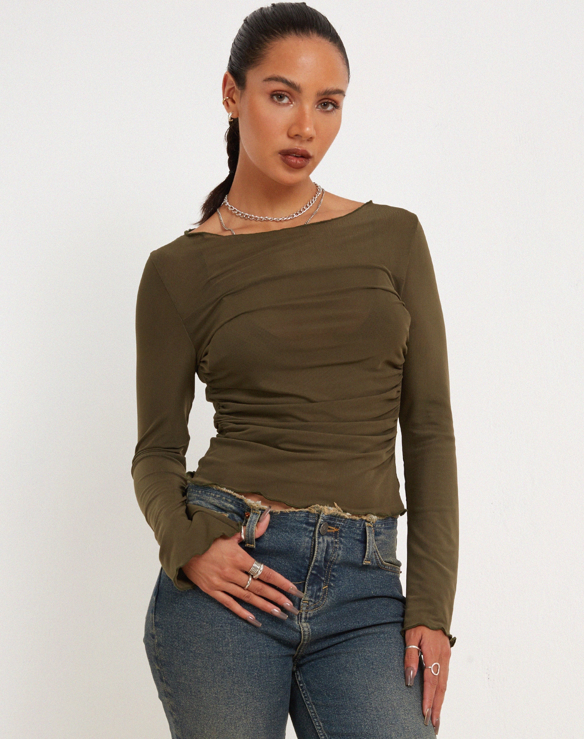 Afbeelding van Armina Mesh Long Sleeve Top in Green Leaf