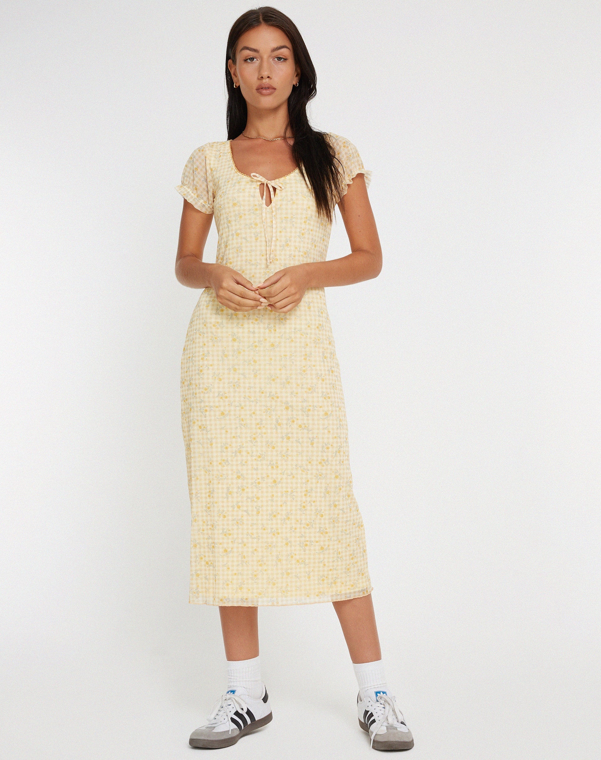 Afbeelding van Aroha Midi Dress in Gingham Floral Geel