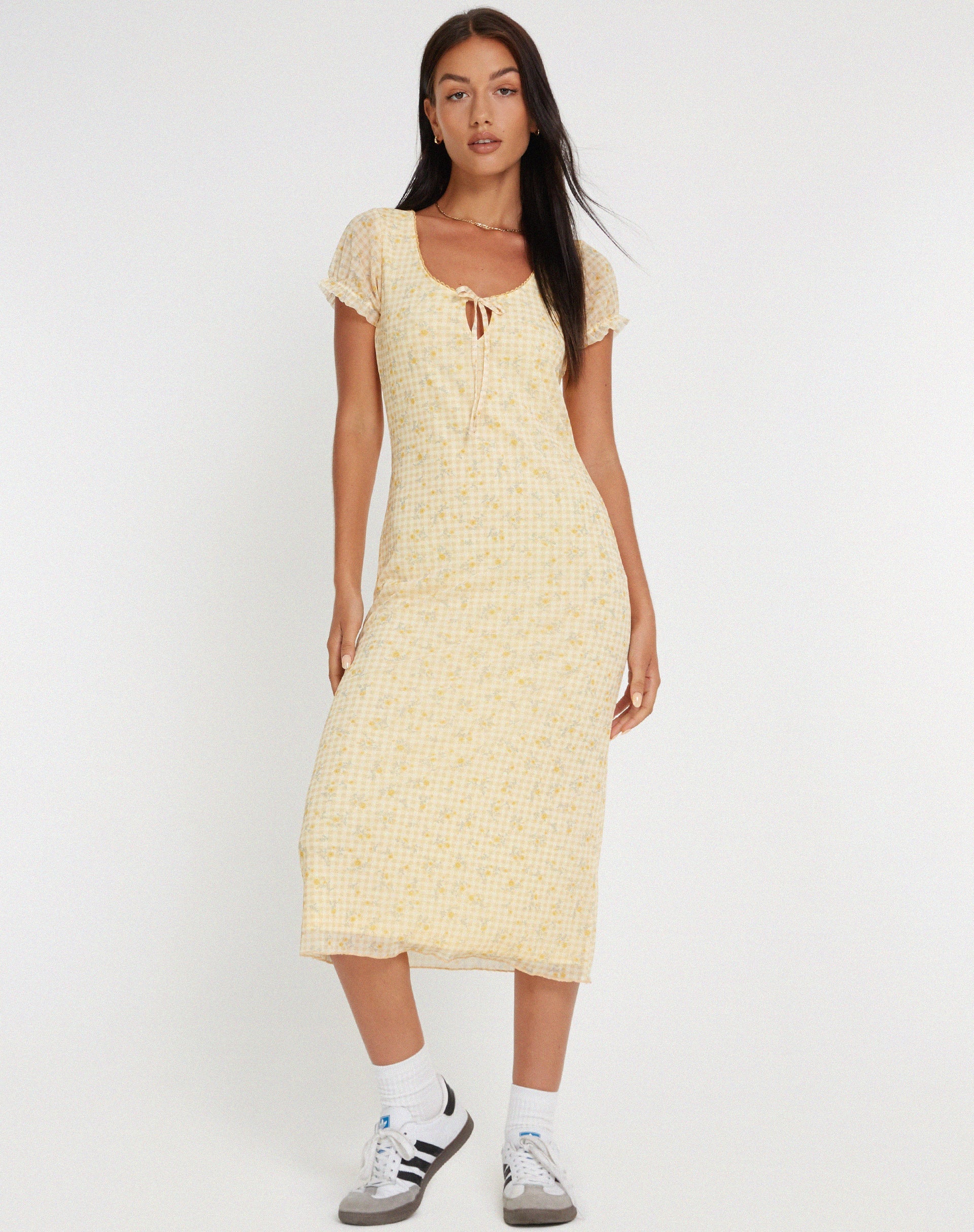 Afbeelding van Aroha Midi Dress in Gingham Floral Geel