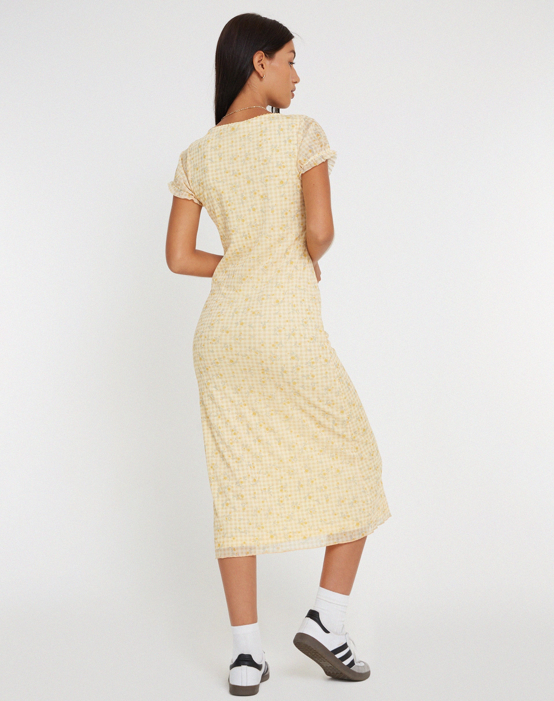Afbeelding van Aroha Midi Dress in Gingham Floral Geel