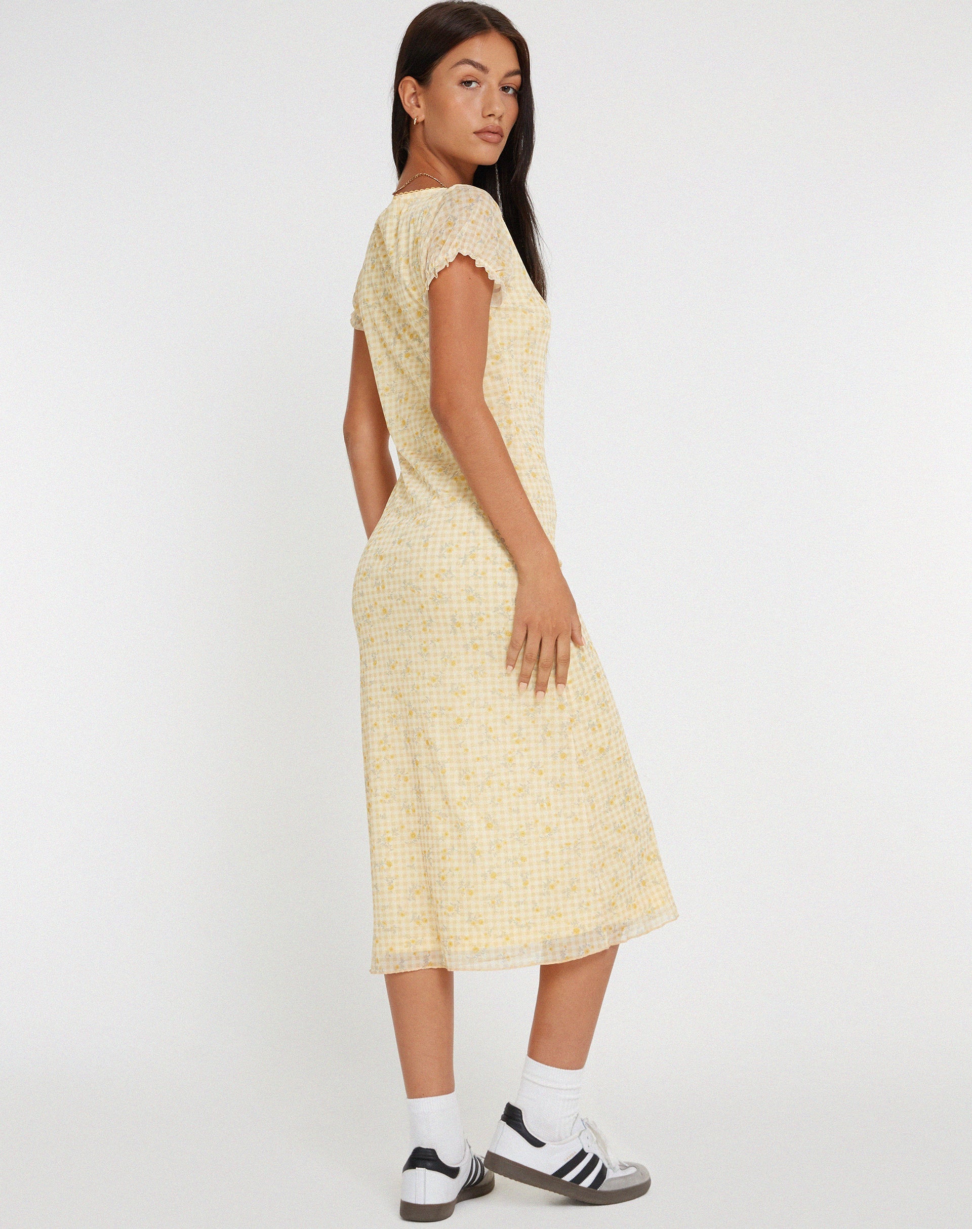 Afbeelding van Aroha Midi Dress in Gingham Floral Geel