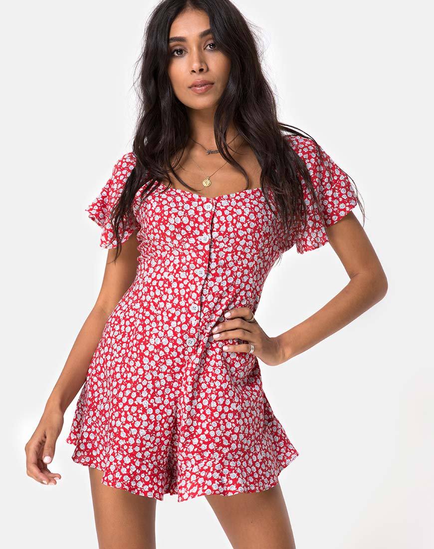 Afbeelding van Bae Playsuit in Ditsy Rose Rood en Zilver