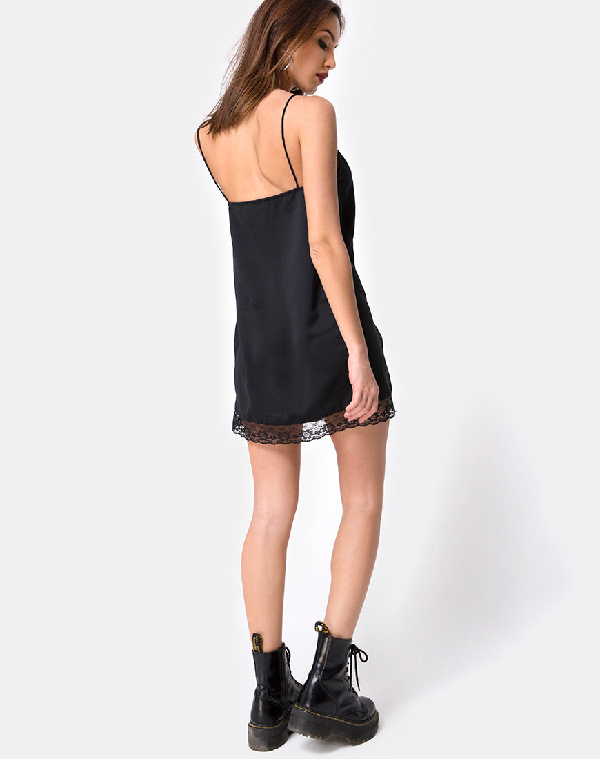 Afbeelding van Balace Slip Dress in zwart satijn met zwart kant