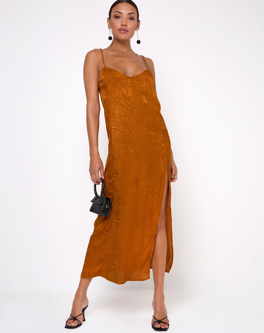 Batis Maxi Dress in Satijn Zebra Goud Koraal