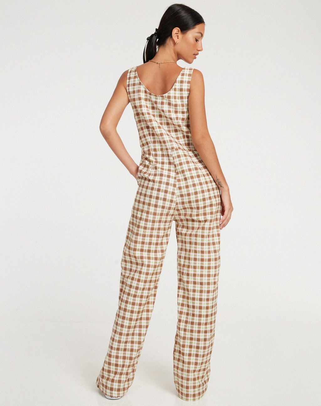 Beatrix jumpsuit in geelbruin geruit