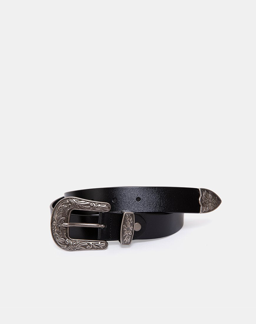 Afbeelding van Zwarte Vintage Western Riem met Zilveren Gesp
