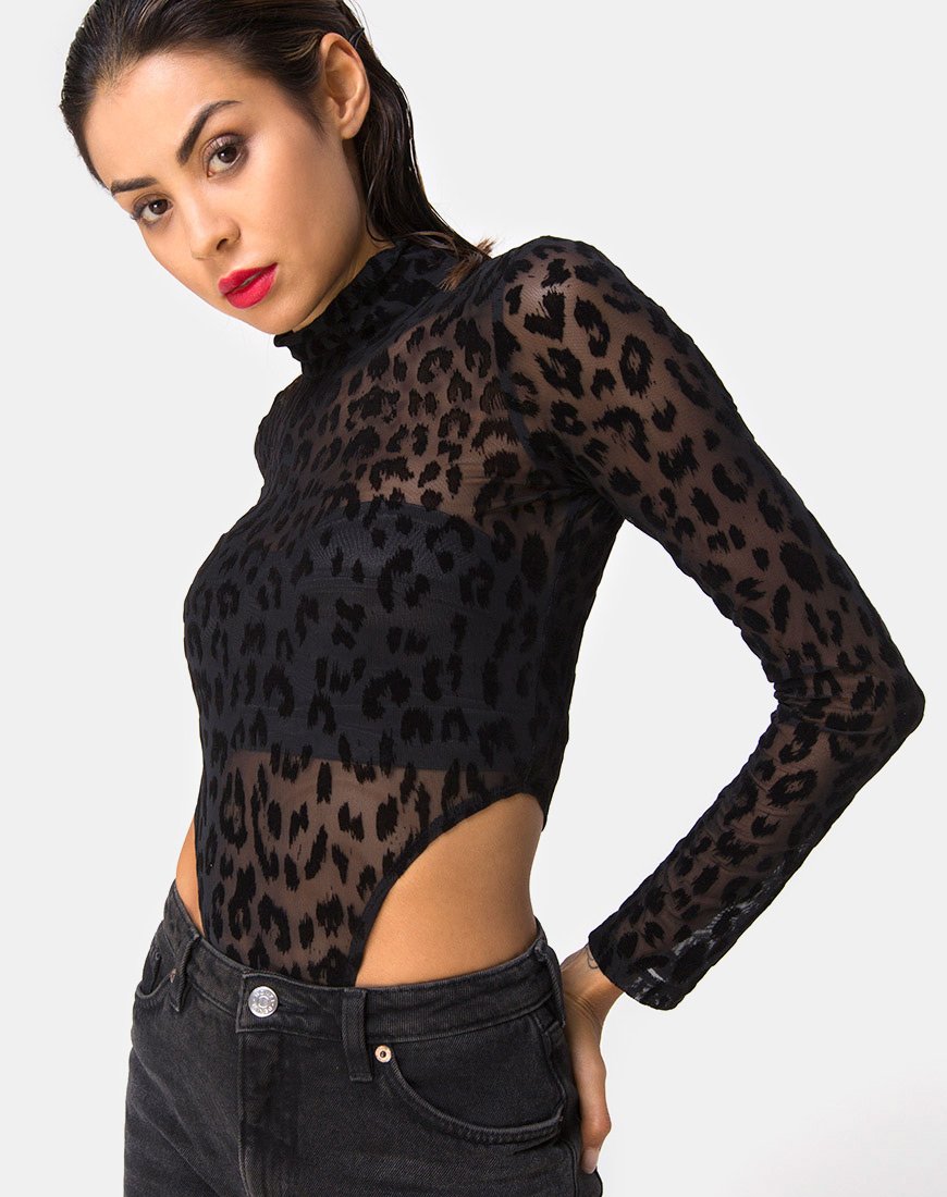 Afbeelding van Berani Highneck Bodice in Animal Black Net