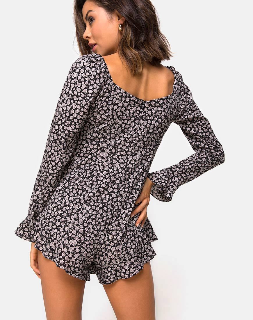 Berlo Playsuit met lange mouwen in Ditsy Rose Zwart