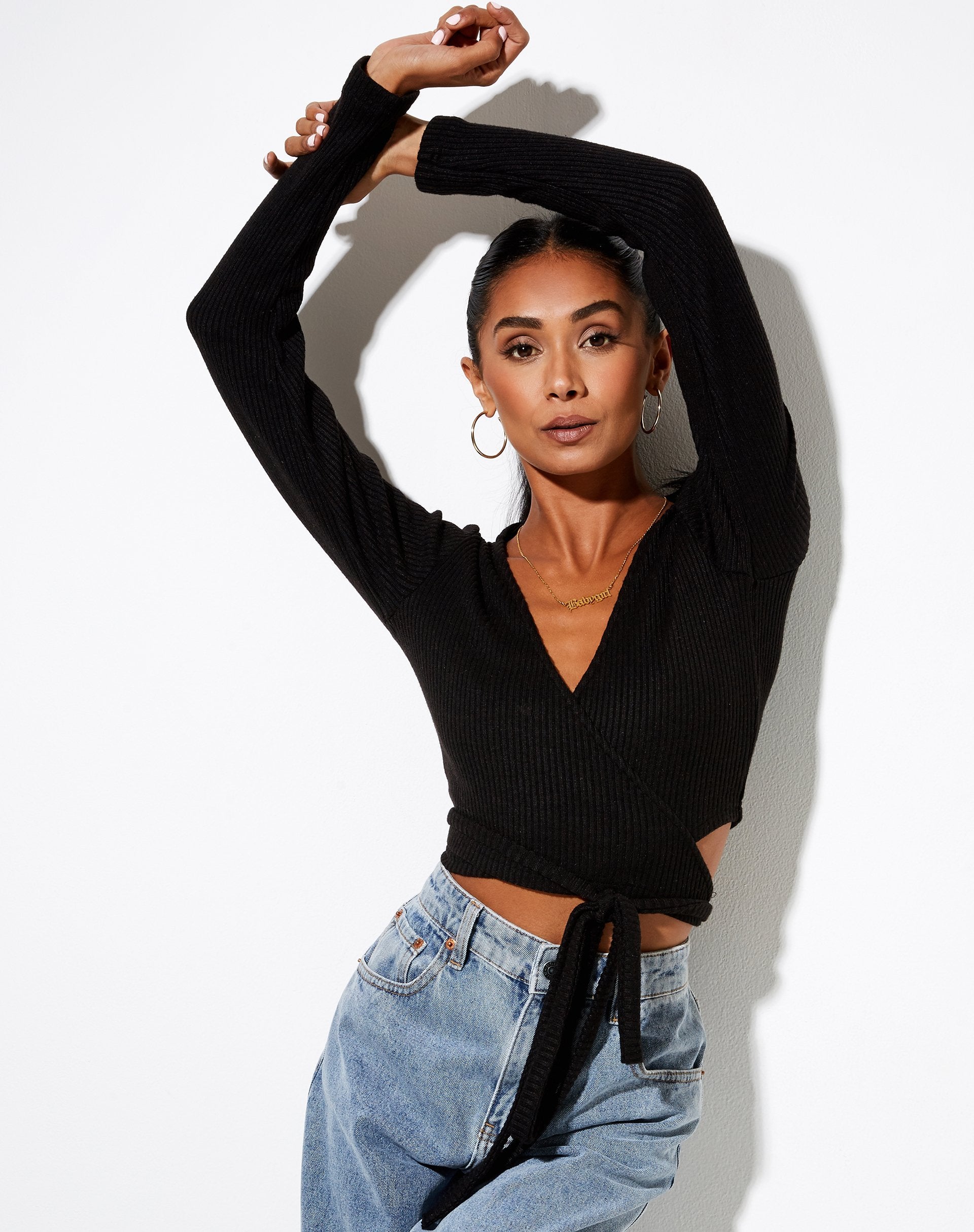 Afbeelding van Bianca Wrap Top in Rib Zwart