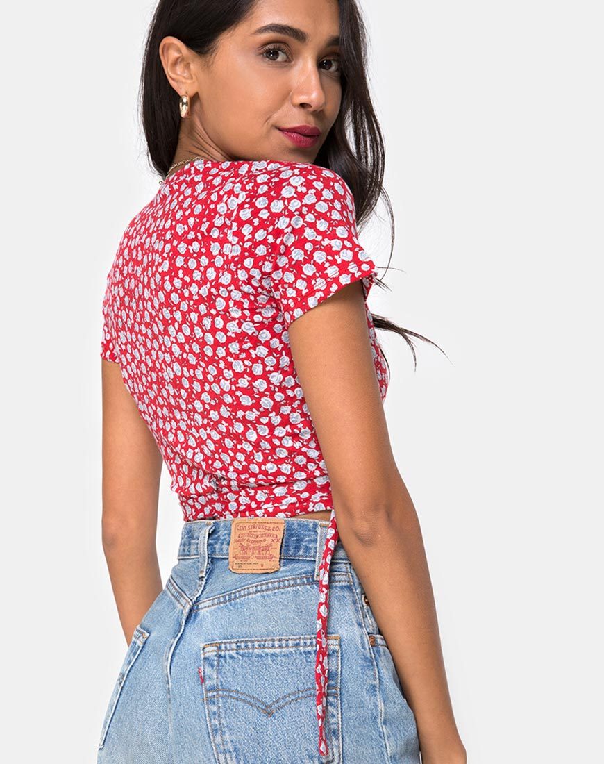 Afbeelding van Bilen Top in Ditsy Rose Rood en Zilver