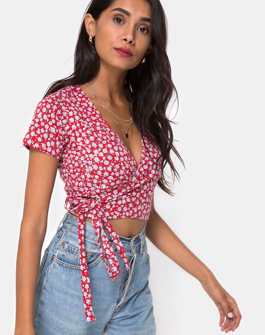 Afbeelding van Bilen Top in Ditsy Rose Rood en Zilver