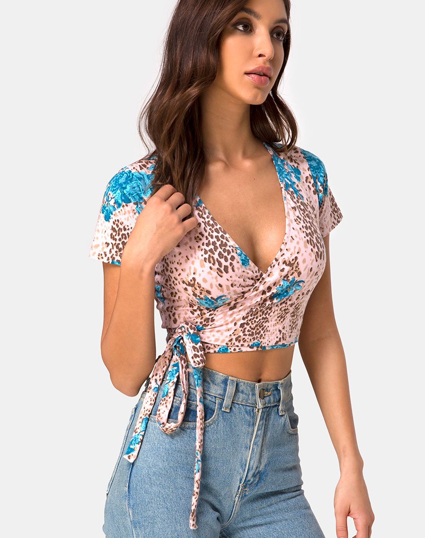 Bilen Crop Top in Jungle Flower Blauw en Crème